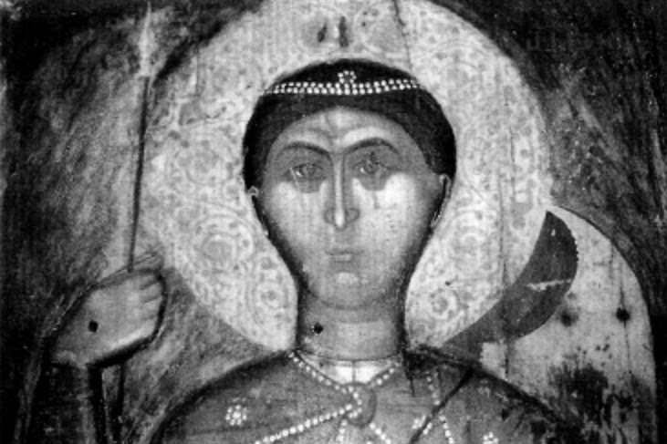 ο πρόσωπο της γλυπτής εικόνας του Αγίου Δημητρίου, κάποτε στον βυζαντινό ναό του Αγίου Γεωργίου στην Ομορφοκκλησιά Καστοριάς